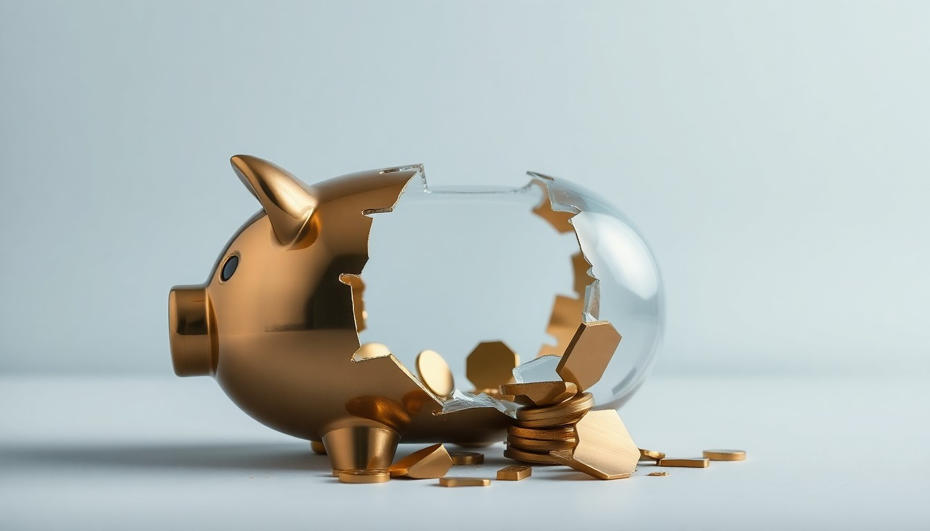 A photorealistic studio still-life image featuring a shattered piggy bank made of polished brass and glass, symbolizing the demise of the mission-driven fashion brand Gandys and the challenges faced by businesses with a strong social purpose.