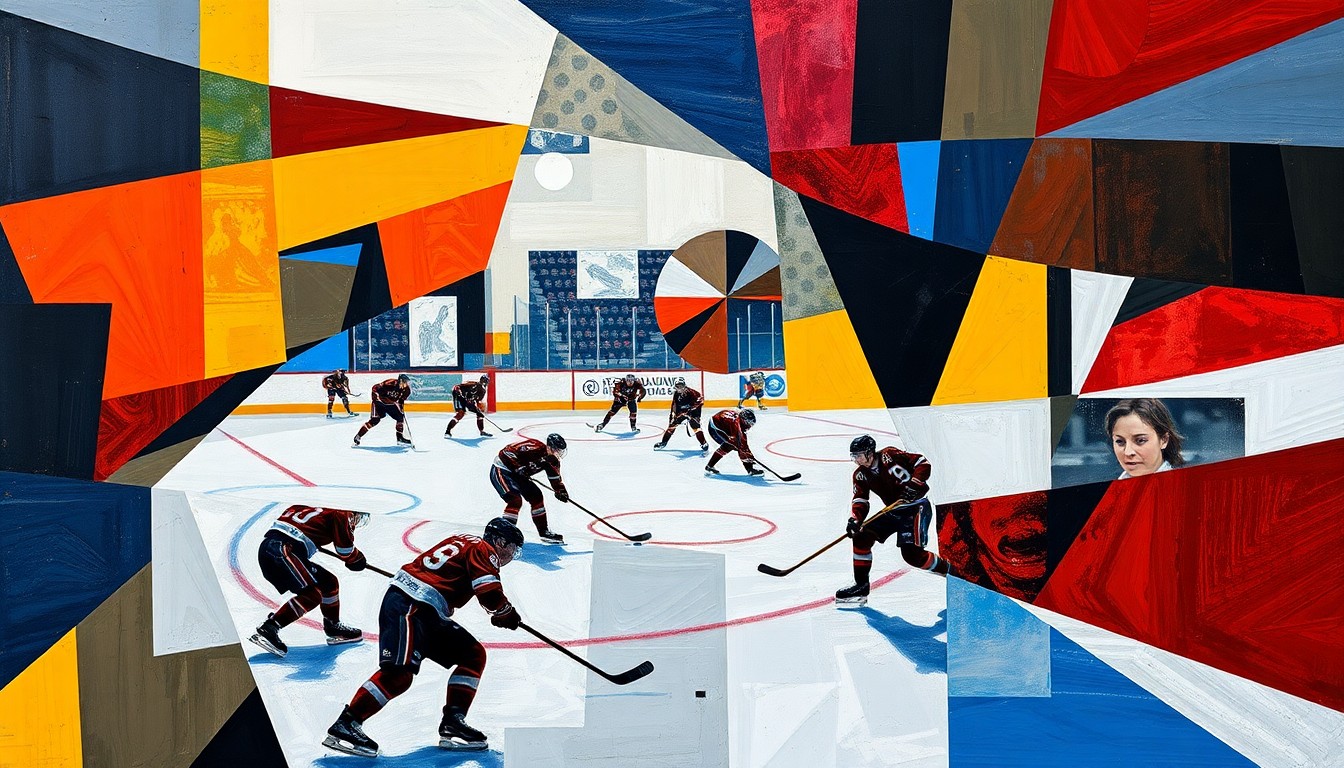 A cubist, geometric painting depicting a hockey game in abstract, overlapping shapes and planes of color, conveying the disruption and uncertainty caused by the Penguins' star player's injury.