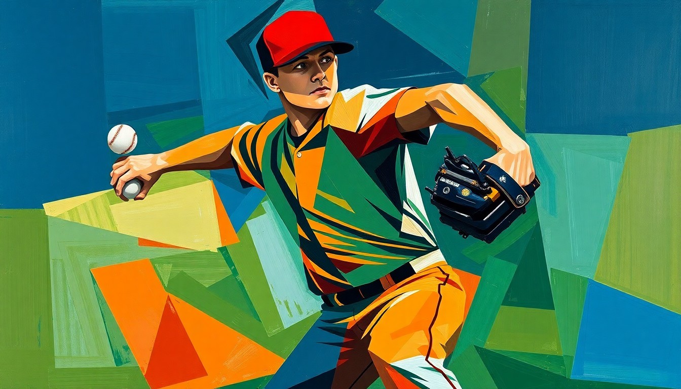 A fragmented, geometric painting depicting the motion of a baseball pitcher, rendered in bold navy, green, and orange hues, conceptually representing the impact of a pivotal trade decision.