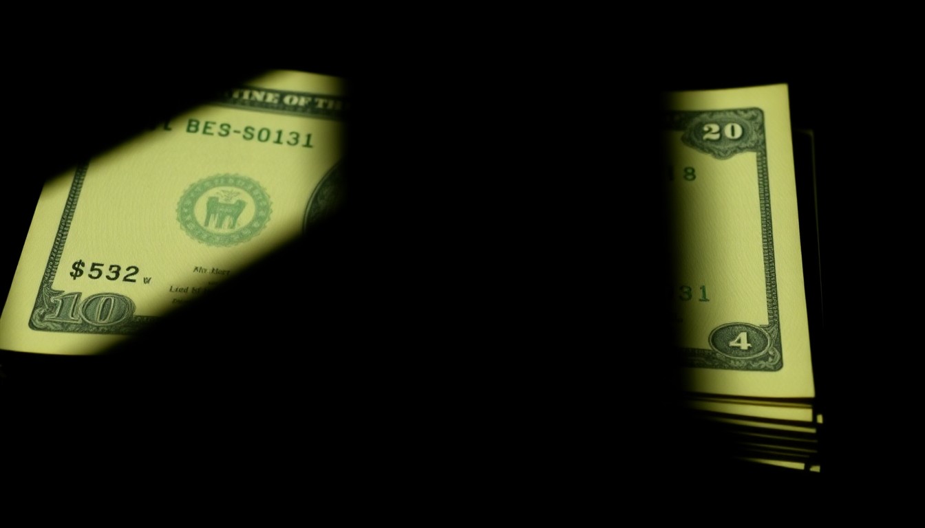 An extreme close-up photograph of a stack of cash bills, partially obscured by shadows, with a harsh, direct camera flash creating a stark, gritty, investigative aesthetic.