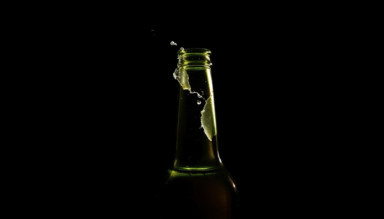 An extreme close-up photograph of a broken beer bottle reflecting a harsh, direct camera flash, conceptually illustrating the aftermath of a disturbance at a bar.
