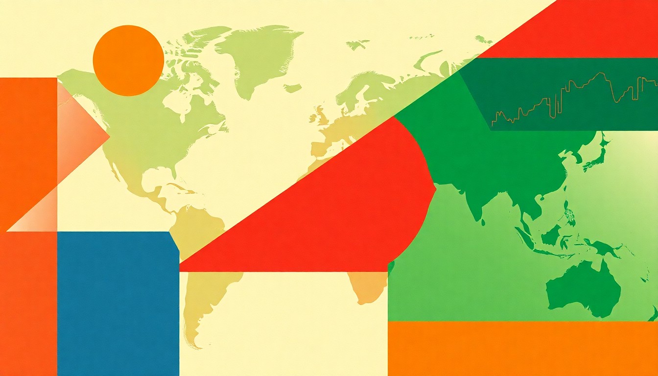 A geometric abstract illustration using bold shapes and primary colors to conceptually represent the interconnected global economic crisis caused by the US-Israeli war on Iran.
