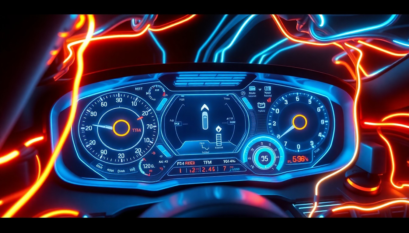 A highly detailed, glowing 3D macro illustration of a futuristic, illuminated dashboard display panel with various digital readouts, gauges, and control interfaces, surrounded by a network of pulsing, neon-lit wires and circuit boards, conceptually representing the complex digital infrastructure powering an advanced in-car navigation system.