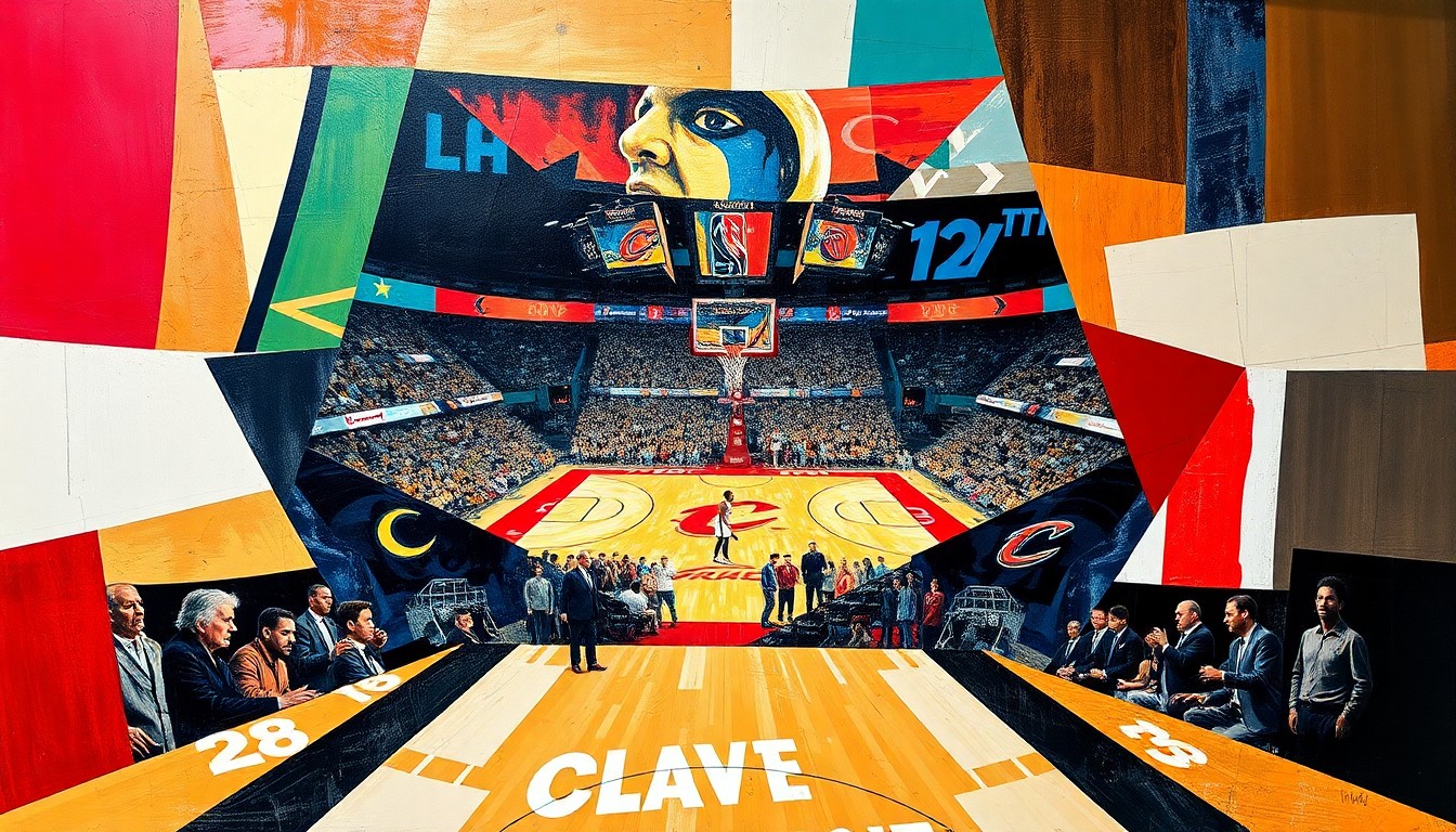 A fragmented, geometric painting depicting the action of a basketball game, with sharp planes of color and form representing the physical play and officiating challenges faced by the players.