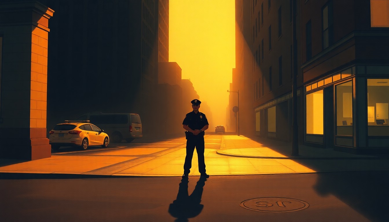 A cinematic oil painting depicting a solitary police officer standing on a dimly lit city street corner, the officer's face obscured in shadow while the surrounding urban landscape is bathed in warm, golden light, creating a contemplative and melancholy mood.