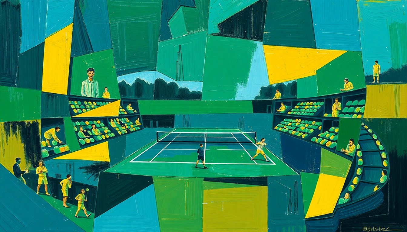 A cubist-style painting featuring overlapping geometric shapes in navy, green, and yellow, conceptually representing the intensity and fragmentation of a men's tennis match.