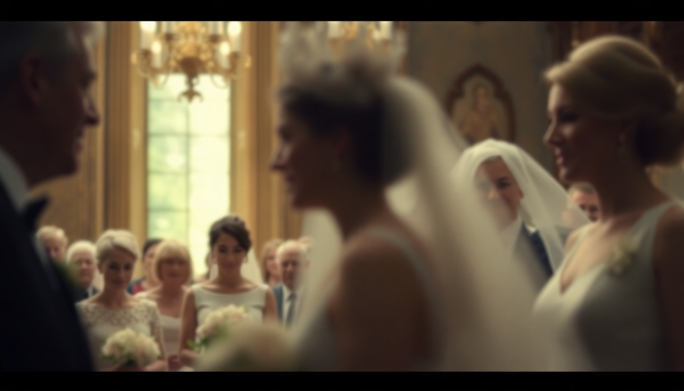 An abstract, out-of-focus photograph depicting a hazy, dreamlike scene of a royal wedding, with muted colors and blurred figures conveying the emotional weight of the event.