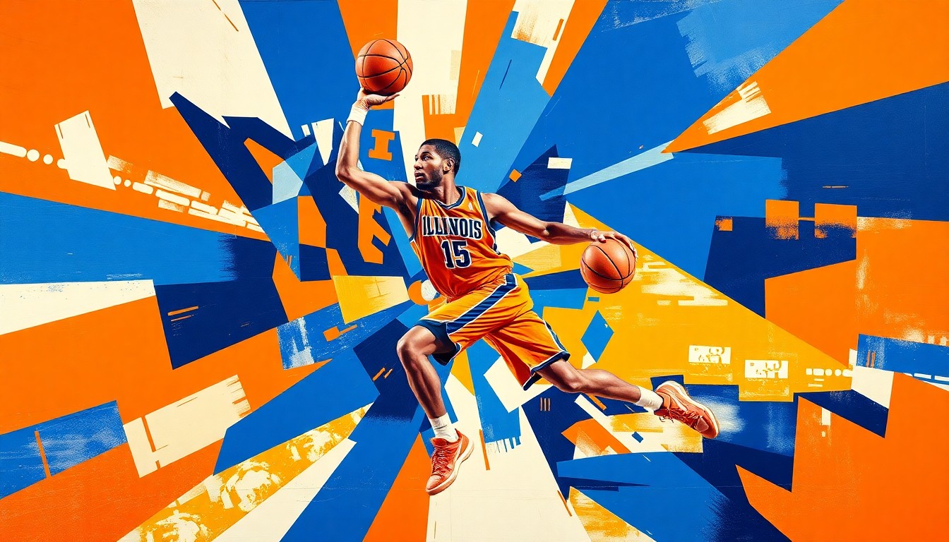 A cubist, geometric painting depicting a basketball player's movements and actions broken down into sharp, overlapping planes of vibrant blue, orange, and white colors.