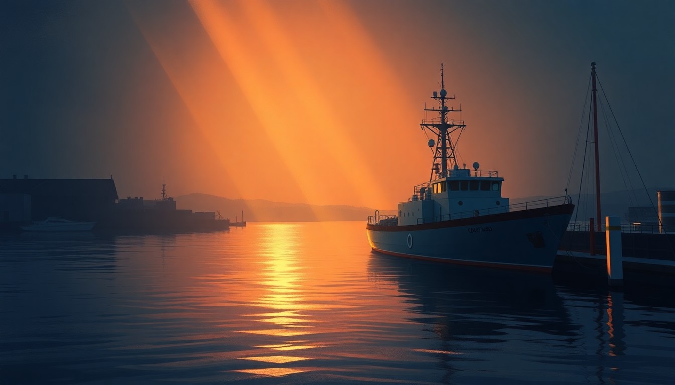 A serene oil painting of a lone Coast Guard ship docked along a quiet Seattle waterfront, with the city skyline visible in the background. The scene is bathed in warm, golden light and deep shadows, creating a contemplative and nostalgic mood.