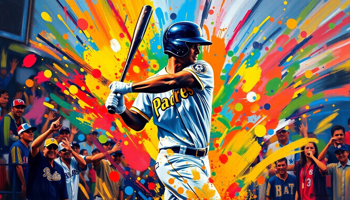 An abstract, expressionist painting in vibrant neon colors, capturing the raw energy and emotion of a Padres walk-off victory, with the batter's silhouette dissolving into dynamic brushstrokes.