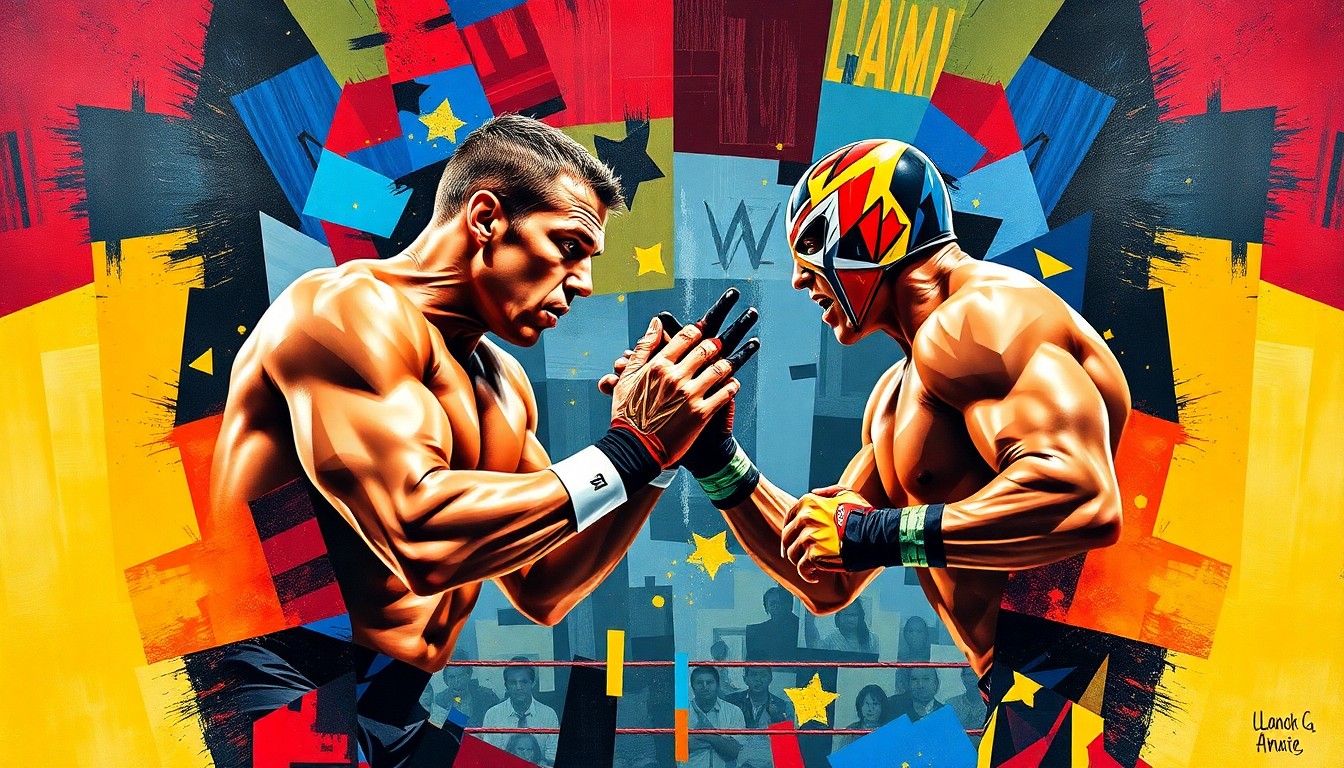 A fractured, multi-perspective painting in the style of Pablo Picasso, breaking down a wrestling match between two figures in sharp, overlapping geometric planes of vibrant colors like red, blue, and yellow, capturing the raw energy of the competition.