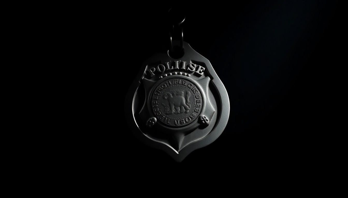 An extreme close-up photograph of a police badge or handcuff key, lit by a harsh, direct camera flash against a pitch-black background, conceptually representing the serious and investigative nature of the active shooter training exercise.