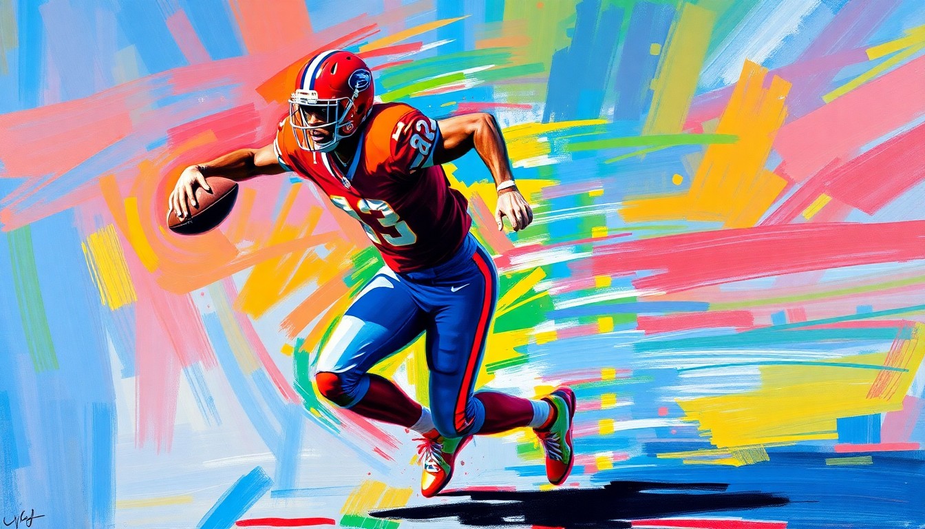 An abstract, expressionist painting in a neon color palette, featuring a wide receiver figure in mid-stride, their body dissolving into a blur of energetic brushstrokes and vibrant colors, capturing the raw athleticism and potential of a young NFL draft prospect.