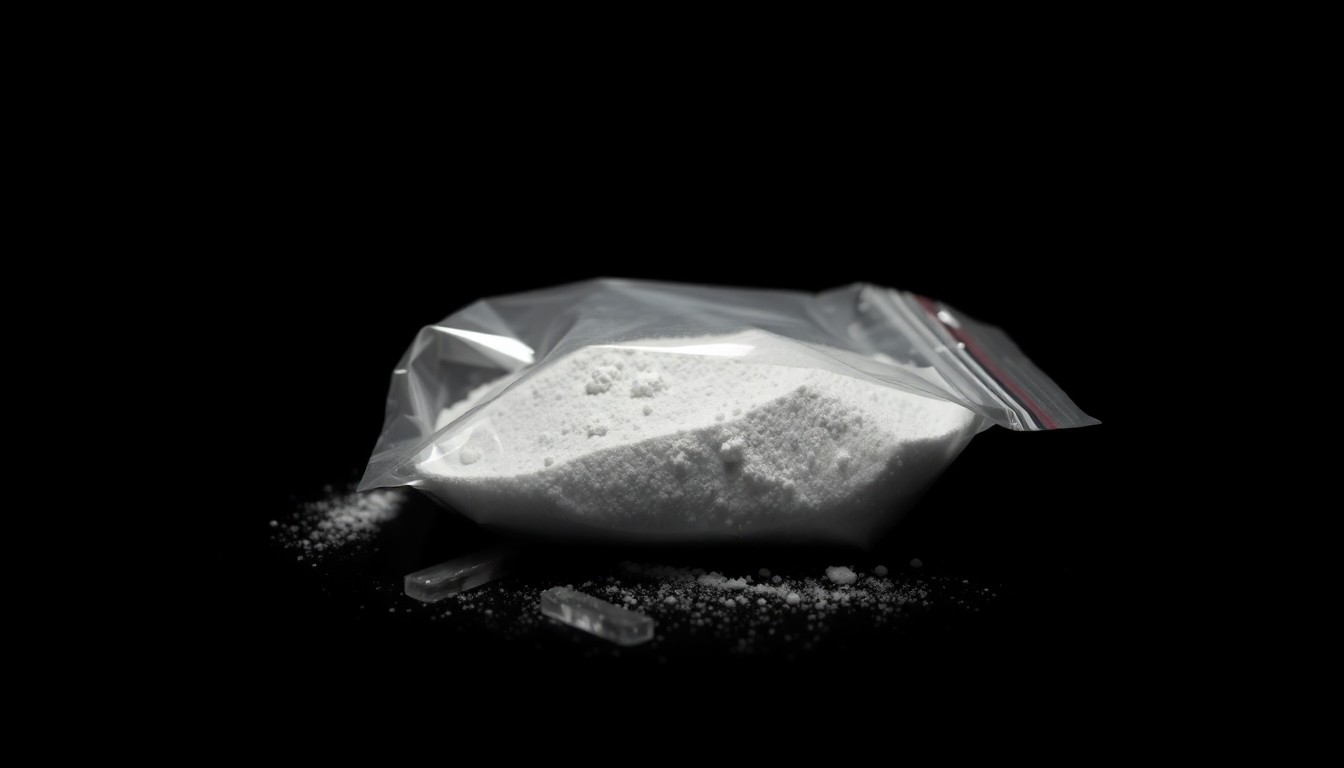 An extreme close-up photograph of a small plastic bag containing white powder, creating a stark, gritty, investigative aesthetic through the use of harsh, direct flash lighting against a pitch-black background.