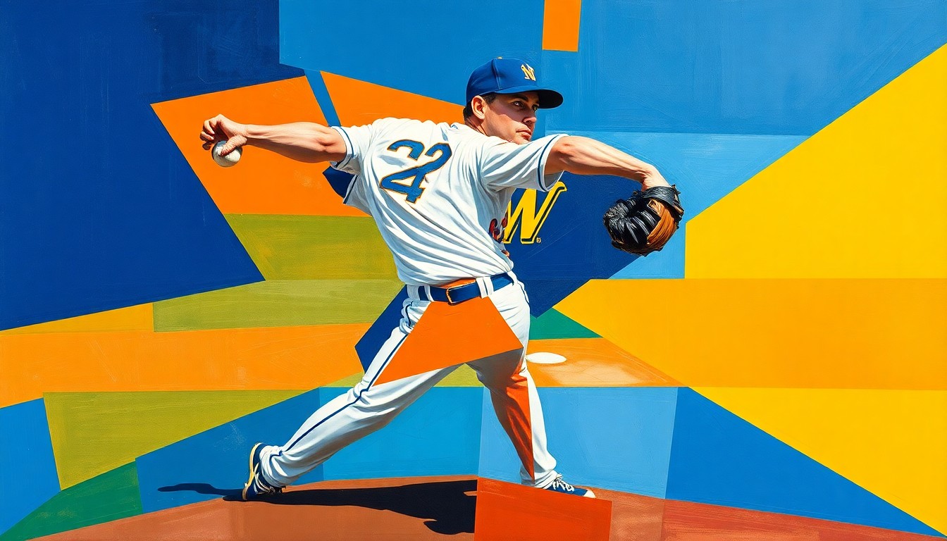 A cubist, geometric painting depicting the fractured motion of a baseball pitcher, with sharp planes of Mets blue and orange contrasting against Brewers navy and gold, conceptually representing the uneven performance of the traded players.