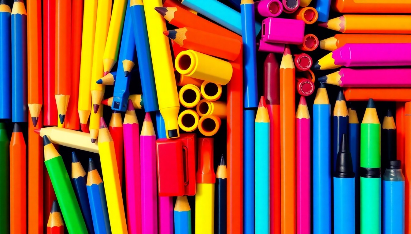 A high-contrast, brightly colored silkscreen print featuring a repeating grid pattern of school supplies like pencils, highlighters, and dry-erase markers, conceptually representing a community-driven initiative to provide essential classroom resources.