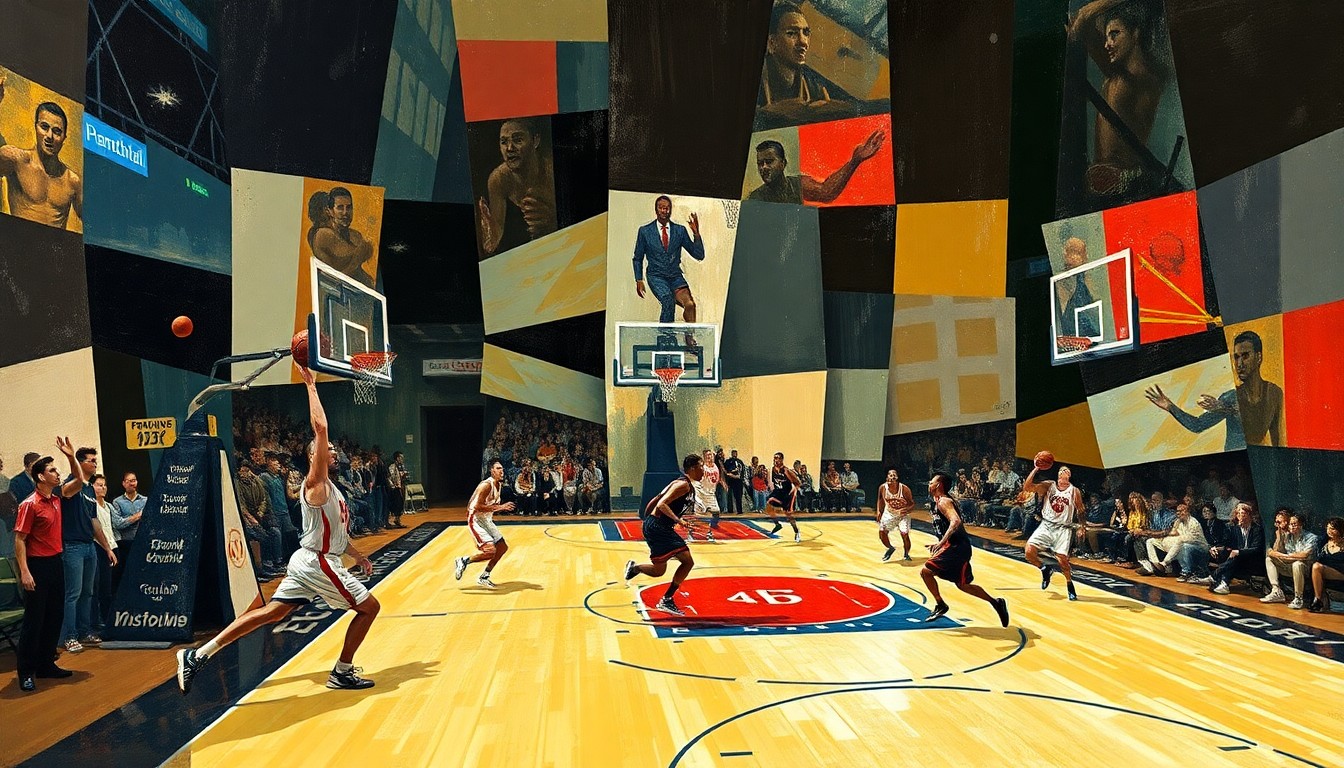 A fractured, multi-perspective painting in the style of Pablo Picasso, breaking down a basketball game or match into sharp, overlapping geometric planes of color and abstract shapes, capturing the energy and dynamics of the sport without any identifiable players or court features.