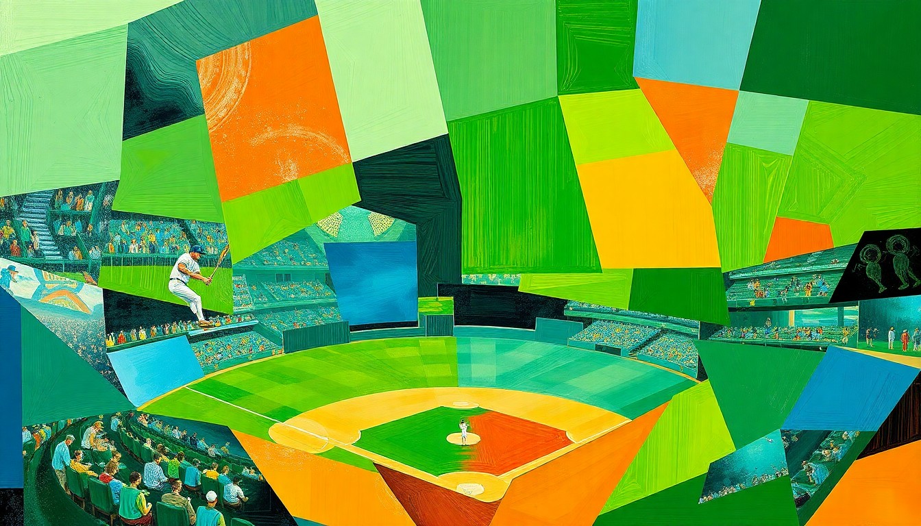 A fragmented, geometric painting depicting a baseball game, with sharp planes of green, blue, and orange overlapping to create a dynamic, abstract composition.