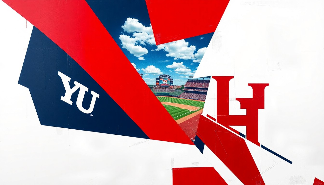 A cubist, geometric painting depicting a college baseball game, with sharp, overlapping planes of navy blue, white, and scarlet red representing the competing teams.