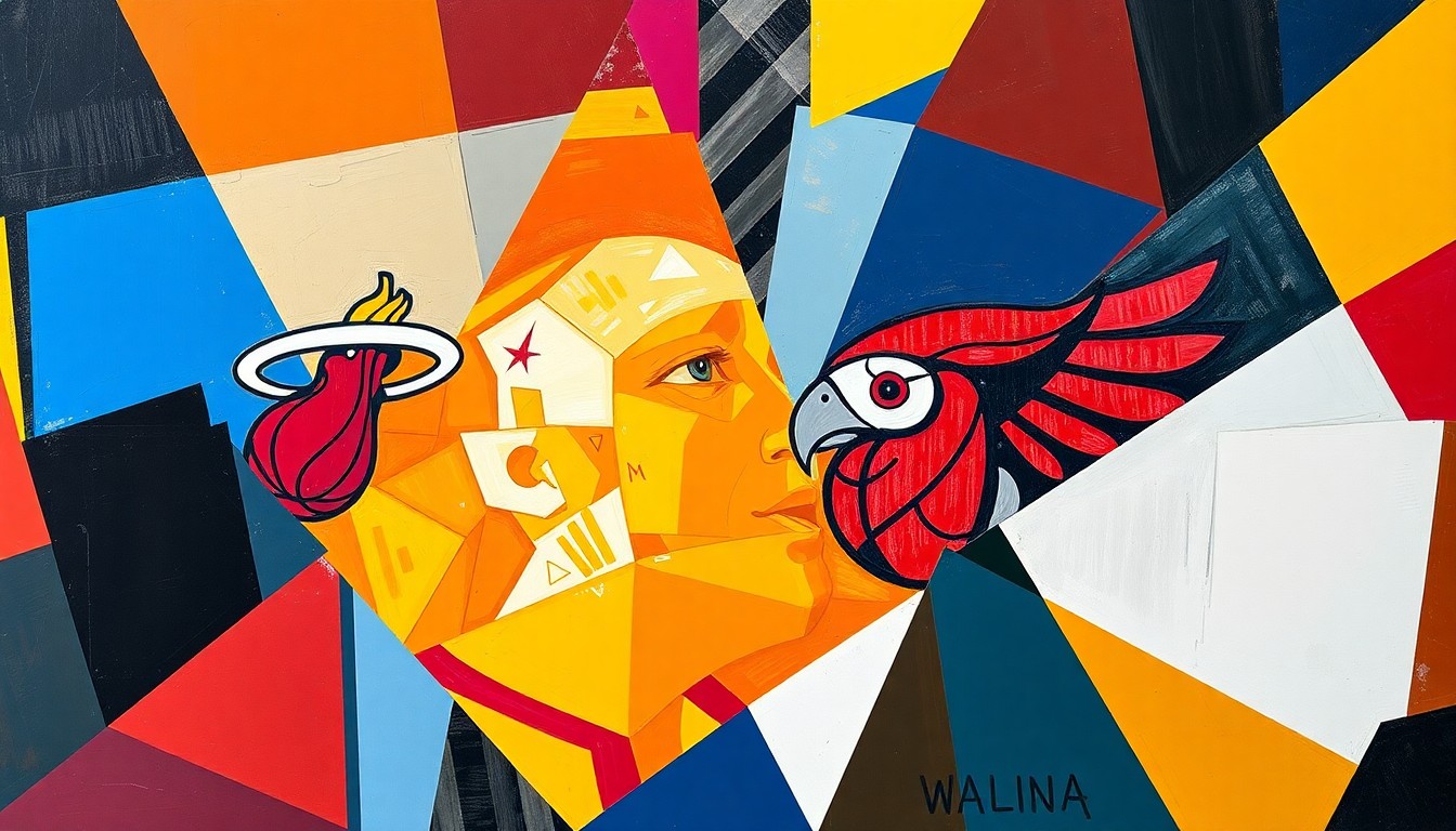 A cubist, geometric painting depicting fragmented basketball players and court elements in shades of red, orange, and teal, representing the Miami Heat's struggles against their opponents.