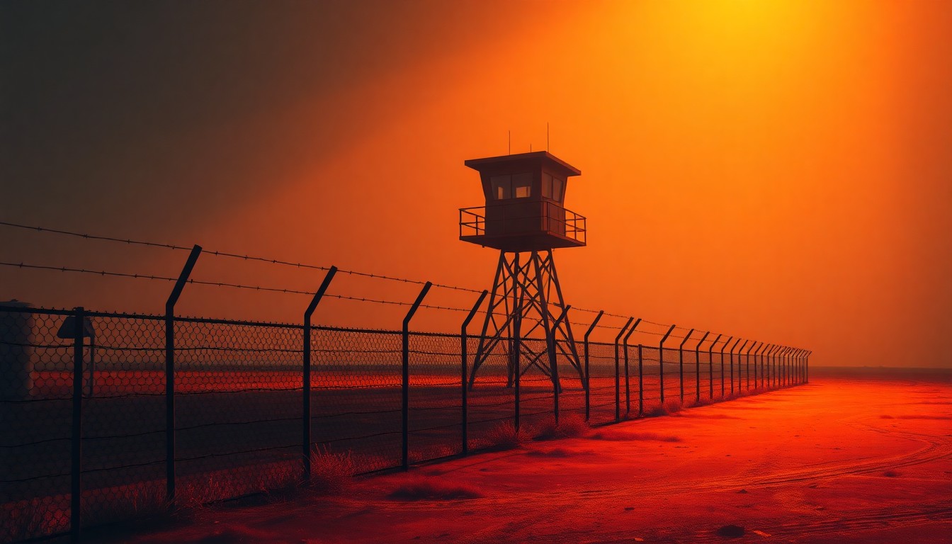 A serene, painterly image of a lone barbed wire fence or prison guard tower set against a warm, sunlit backdrop, conveying a sense of isolation and contemplation around Hawaii's prison policies.