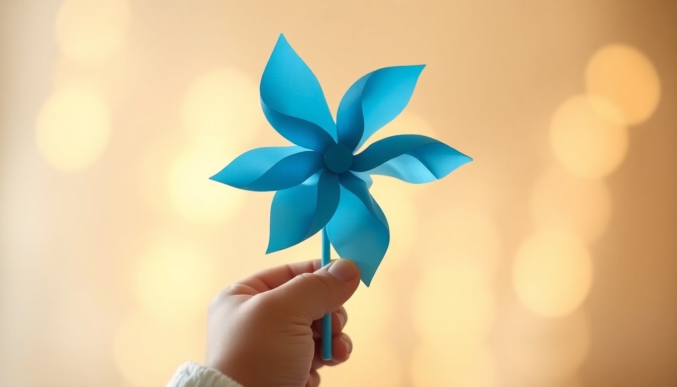A soft, blurred photograph of a child's hand holding a blue pinwheel, representing the symbol of child abuse prevention and the community's efforts to protect vulnerable children.
