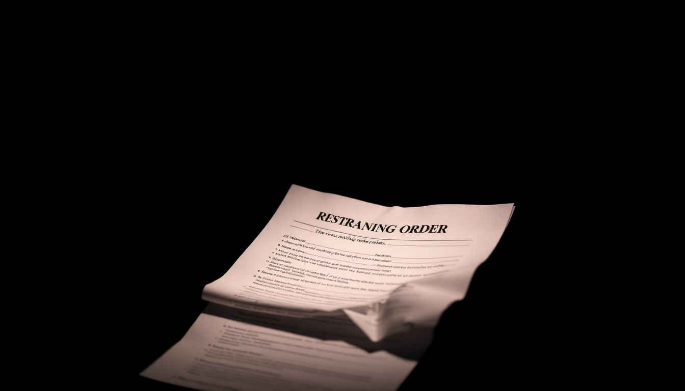 An extreme close-up of a crumpled legal document reflecting harsh flash lighting, conceptually representing the legal system's struggle to protect victims of stalking.