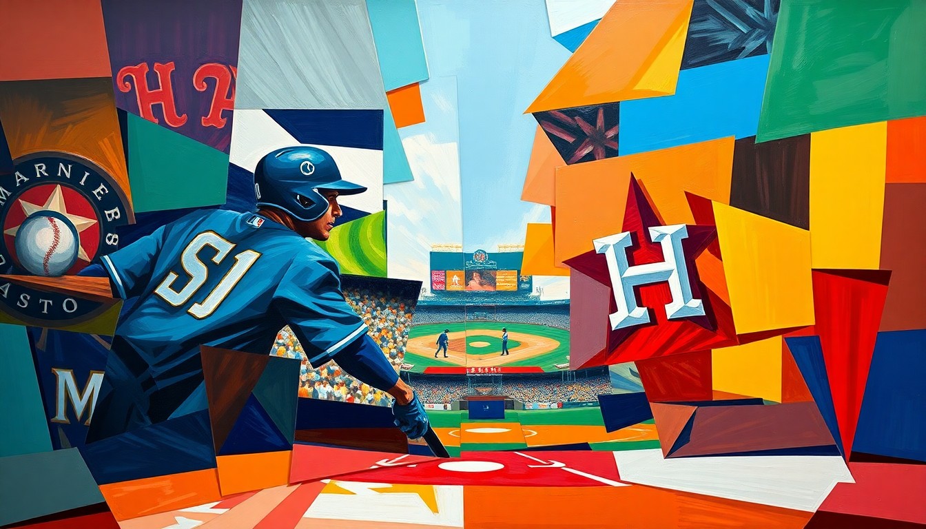 A cubist, geometric painting depicting a baseball game or match between the Seattle Mariners and Houston Astros, with the players and field broken down into sharp, overlapping planes of color representing the uniforms and playing field.