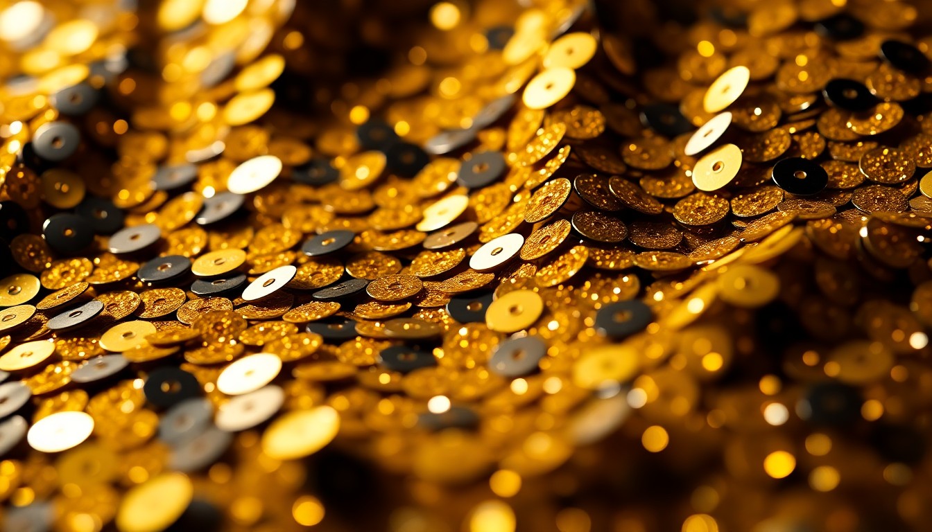 An abstract close-up photograph of shimmering gold and black sequins, capturing the high-fashion, luxurious aesthetic of celebrity culture.