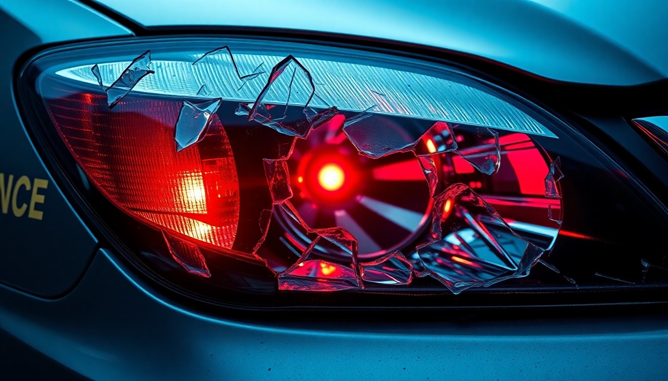 An extreme close-up of a shattered car headlight lens reflecting a faint red light, conceptually representing the aftermath of a crash involving an emergency vehicle.