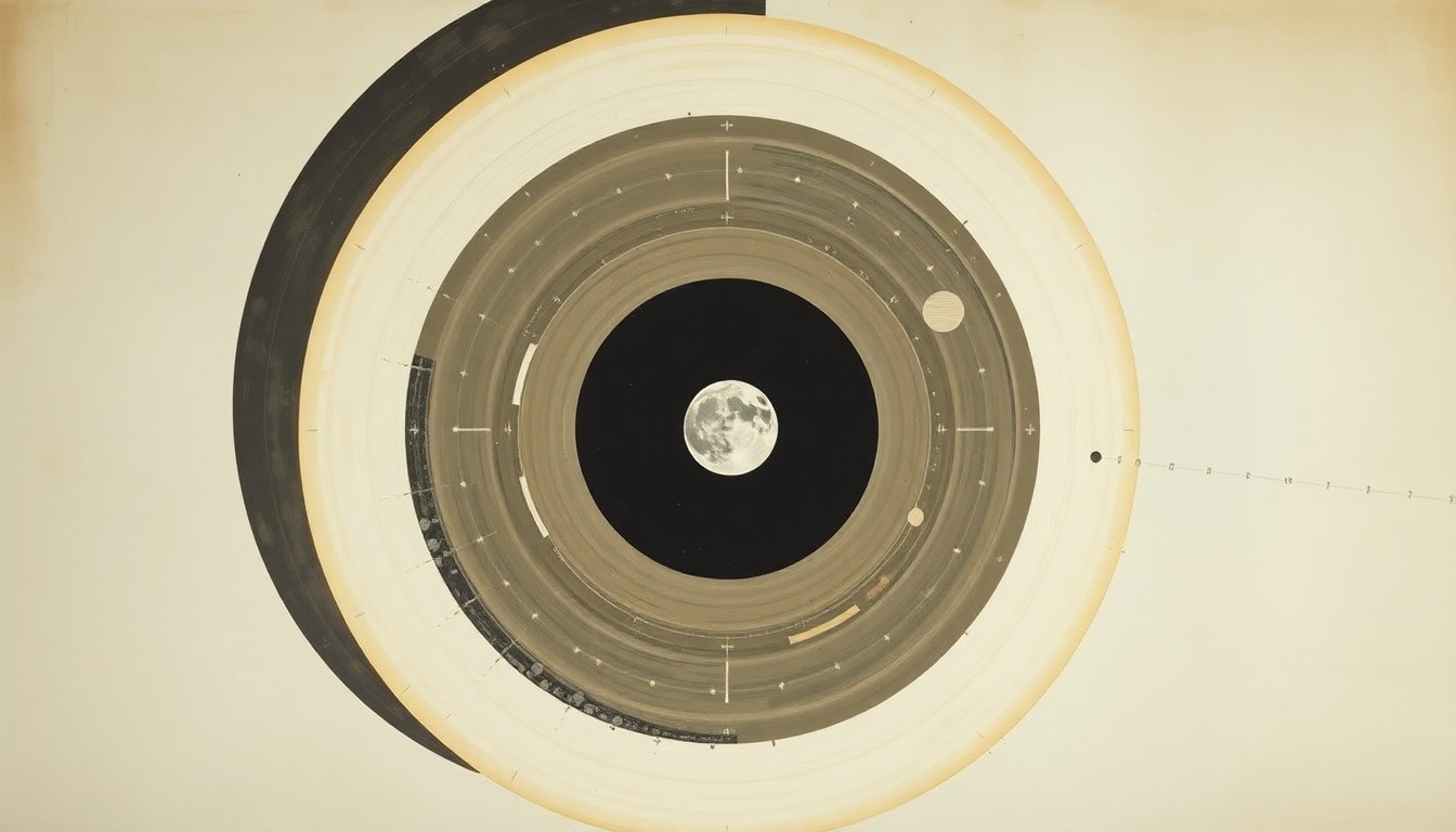 A highly structured abstract painting in soft earth tones, featuring sweeping geometric arcs, concentric circles, and precise botanical spirals, conceptually representing the Orion spacecraft's journey around the moon.