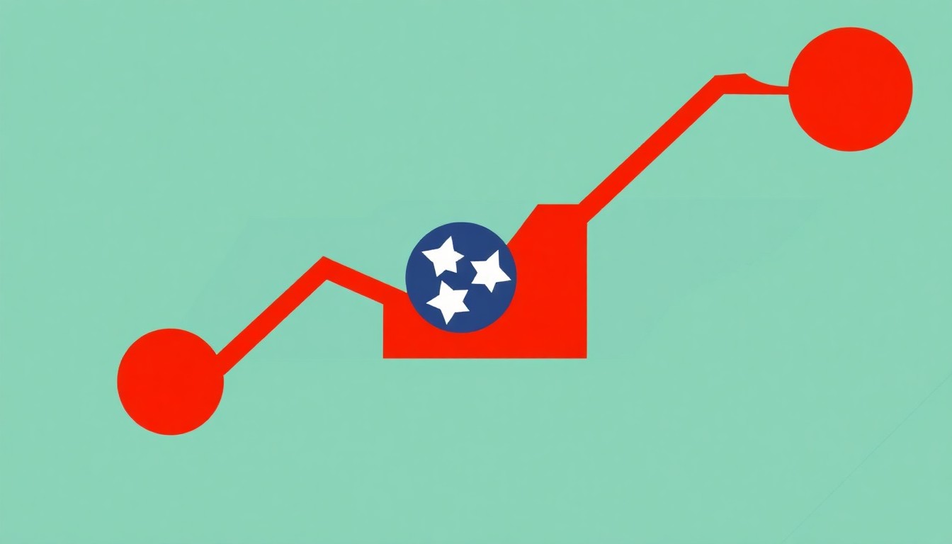 An abstract composition of overlapping triangles and rectangles in shades of blue, representing the increase in jobless figures across Tennessee's counties.