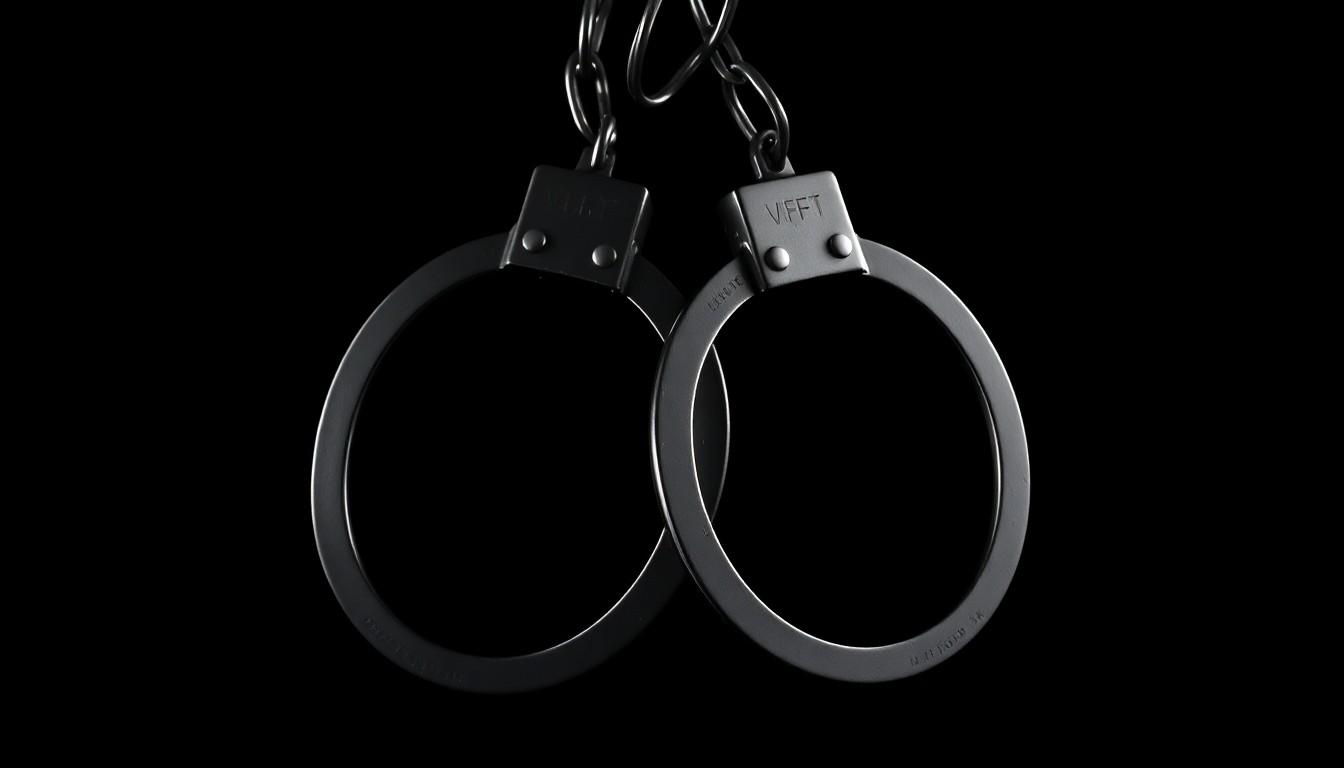 An extreme close-up photograph of a pair of handcuffs against a pitch-black background, lit by a harsh, direct camera flash, conceptually representing the consequences of a teacher's criminal misconduct.