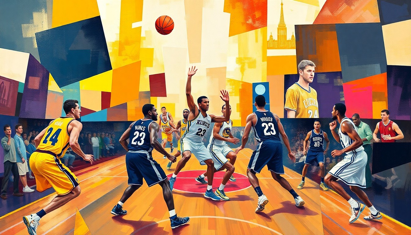 A cubist, geometric painting depicting a basketball game, with the players and court broken down into abstract, overlapping shapes and colors.