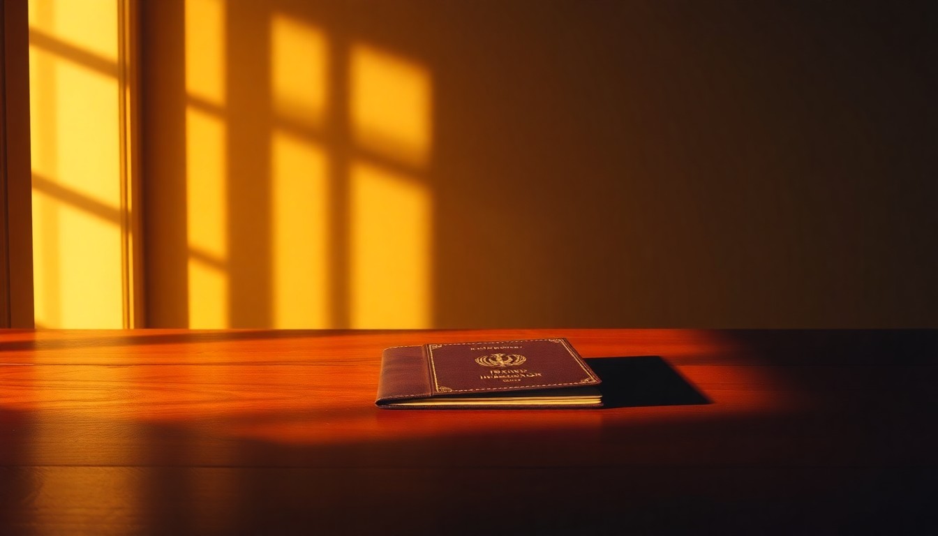A close-up of an Iranian passport or immigration document resting on a wooden table, the document partially obscured by shadows and highlights that create a somber, cinematic mood, conveying the gravity of the deportations.