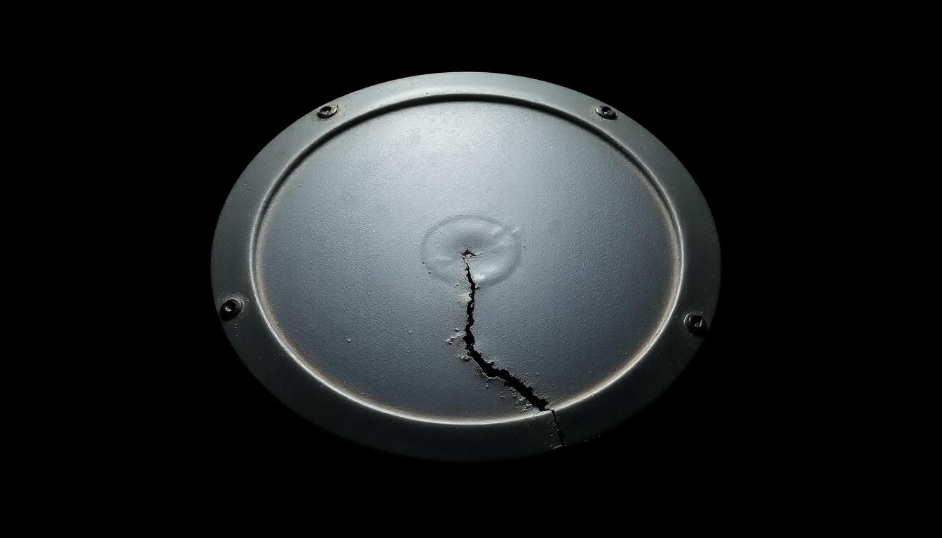 An extreme close-up of a broken septic tank lid reflecting a harsh, direct camera flash, conceptually representing the investigation into a county commissioner's alleged tax fraud.