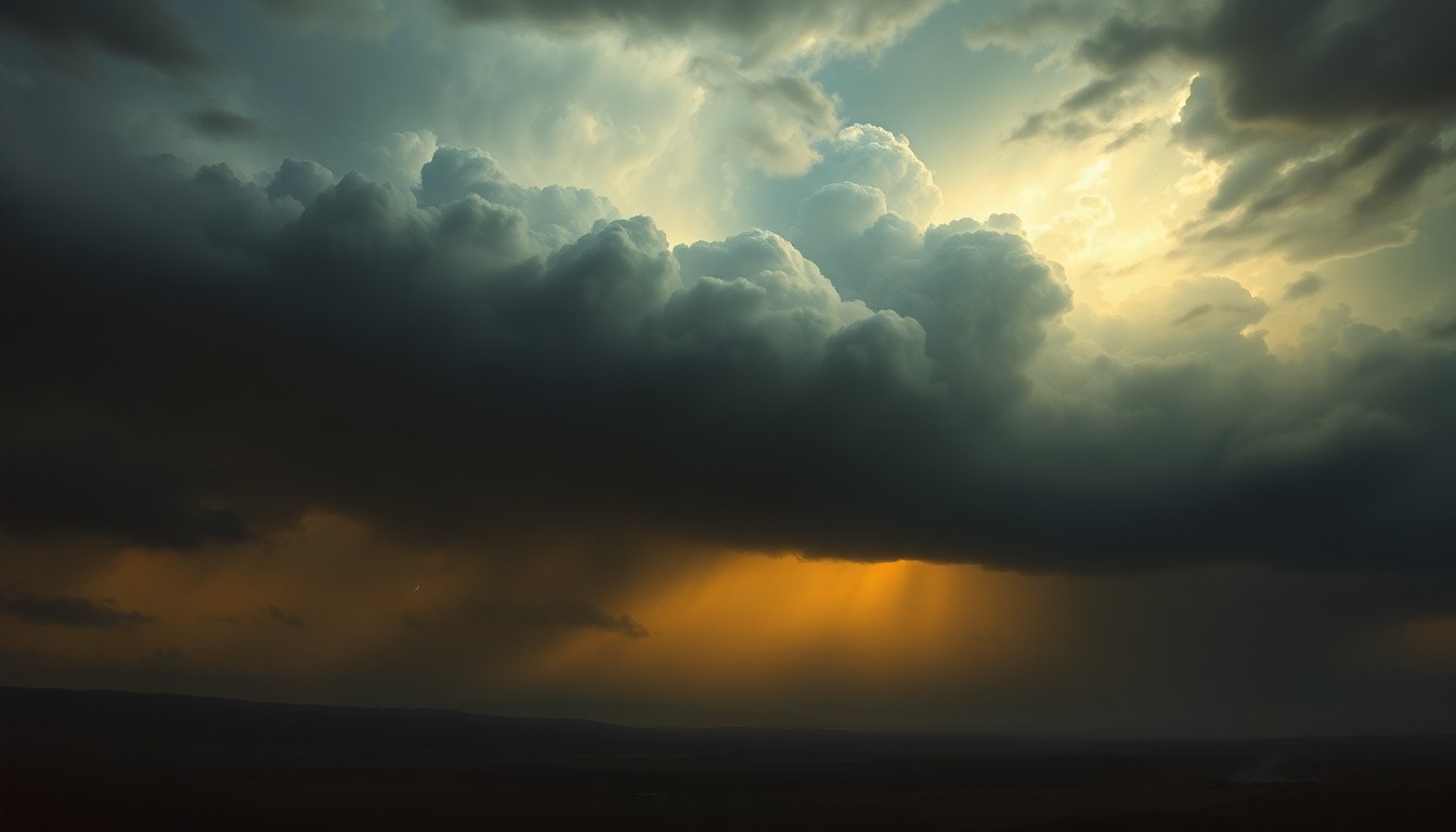 A vast, atmospheric landscape painting depicting a dramatic thunderstorm rolling across the Eastern United States, with only faint silhouettes of buildings visible in the distance, dwarfed by the overwhelming scale and power of the natural forces.