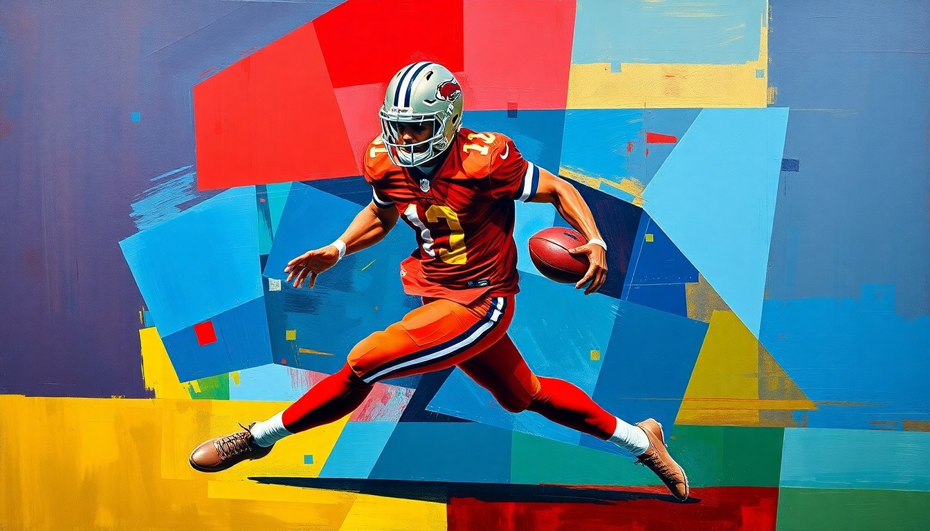 A fragmented, geometric painting depicting the fluid motion of a football player in action, with sharp planes of red, blue, and gold colors overlapping to create a dynamic, abstract composition.