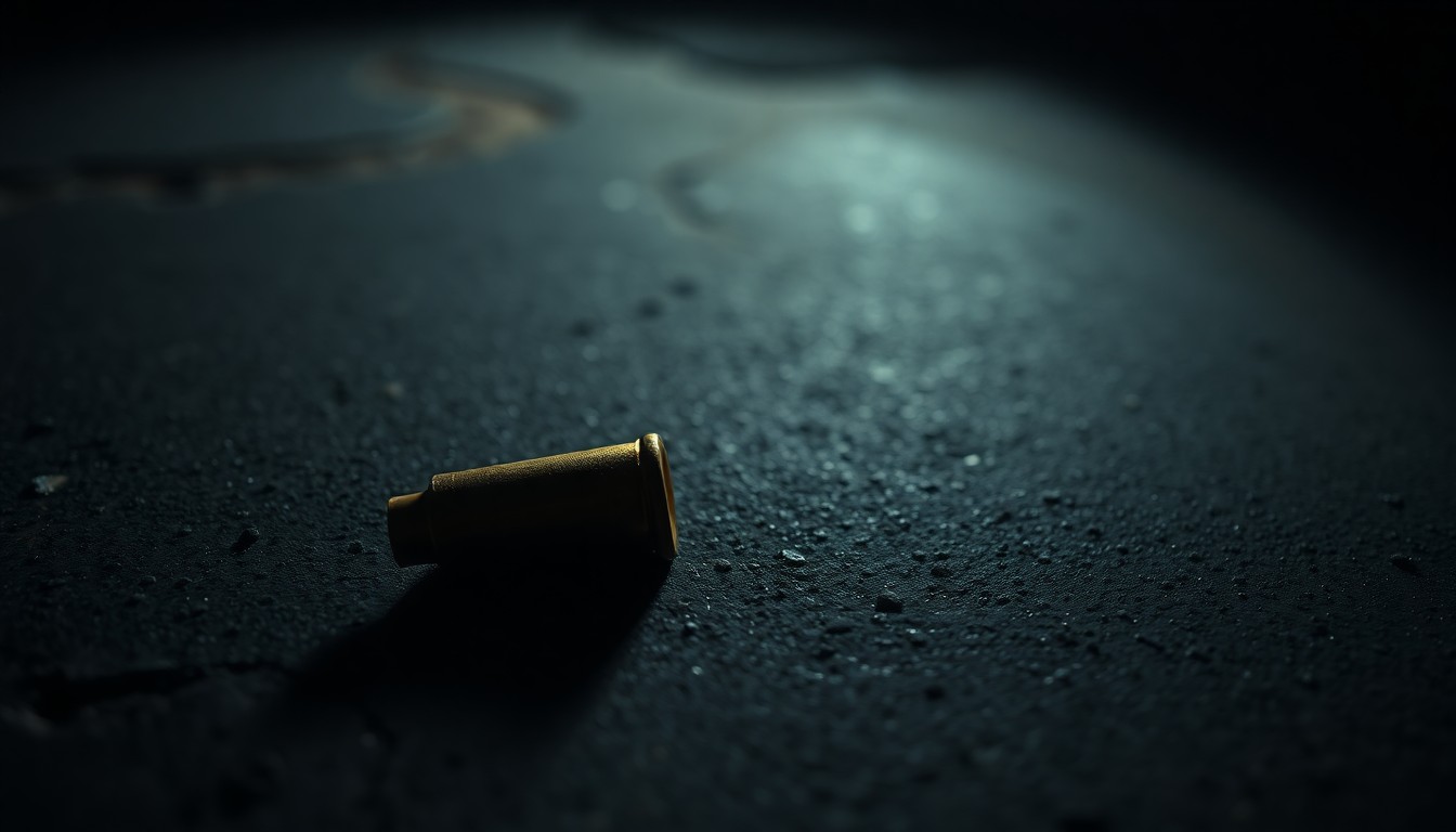 An extreme close-up photograph of a single spent shell casing on a dark concrete surface, lit by a harsh camera flash, conceptually representing the evidence left behind from a fatal act of gun violence.