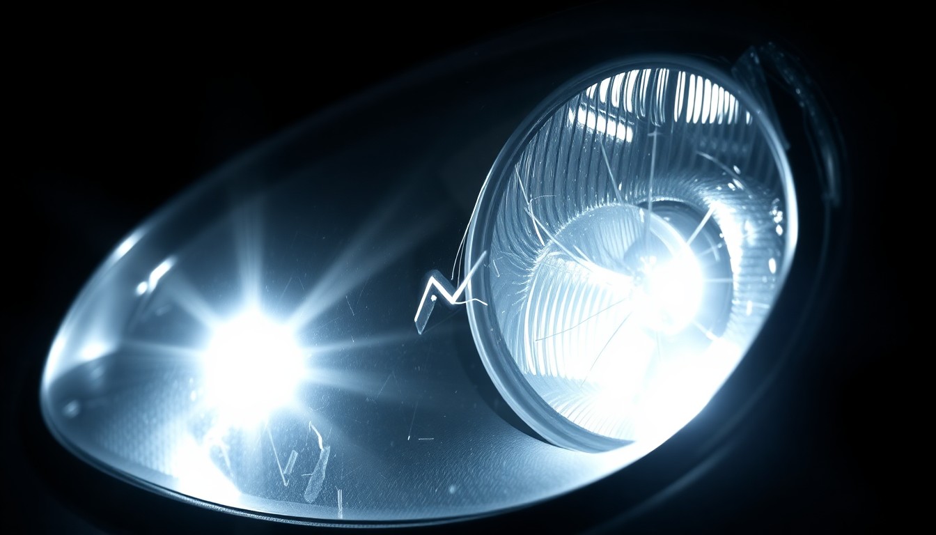 An extreme close-up photograph of a damaged car part, such as a broken side mirror or cracked headlight lens, lit by a harsh, direct camera flash against a pitch-black background, conceptually illustrating the physical impact of a multi-vehicle collision.