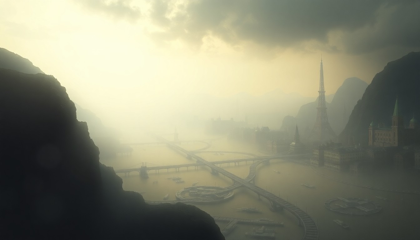 A sweeping, atmospheric landscape painting in muted blues and grays, depicting a flooded urban area where only the faint outlines of buildings can be seen through the hazy, swirling waters.