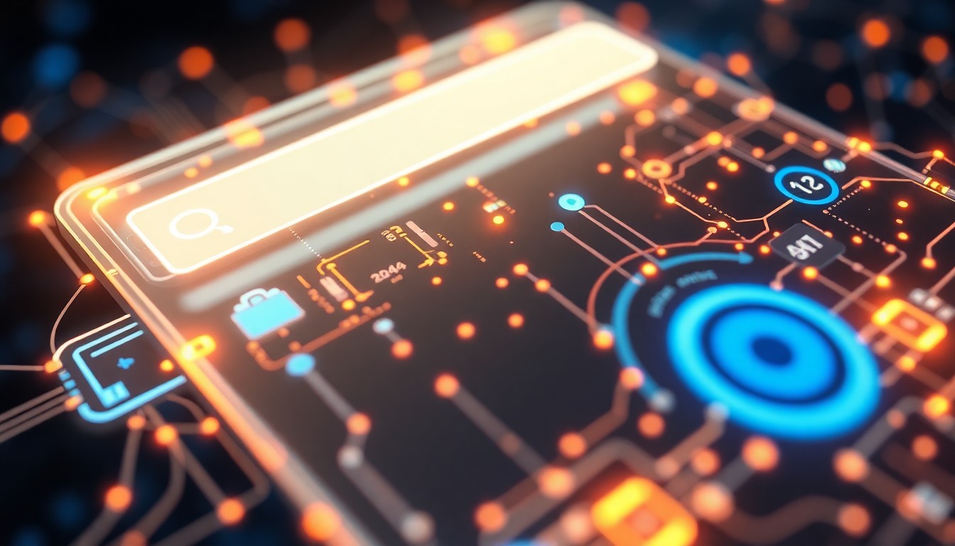 A highly detailed, glowing 3D illustration of a futuristic, illuminated digital interface with geometric shapes and patterns, representing the integration of advanced search capabilities into the Android ecosystem.