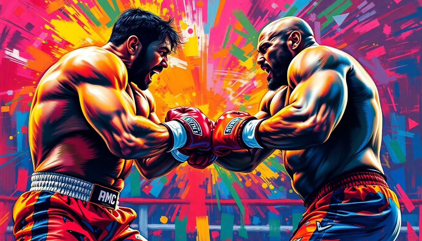 A dynamic, abstract painting in neon colors depicting the intense physicality and energy of a heavyweight MMA fight, with no identifiable figures or text.