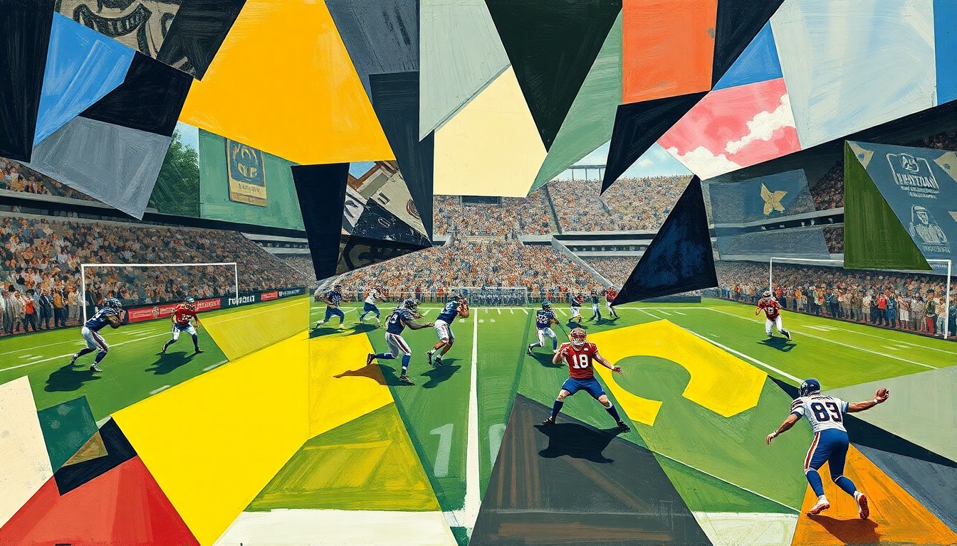 A cubist, geometric painting depicting a fragmented football field, with players and the ball broken down into overlapping shapes and planes, conveying the complexity and uncertainty surrounding the Steelers' quarterback situation.