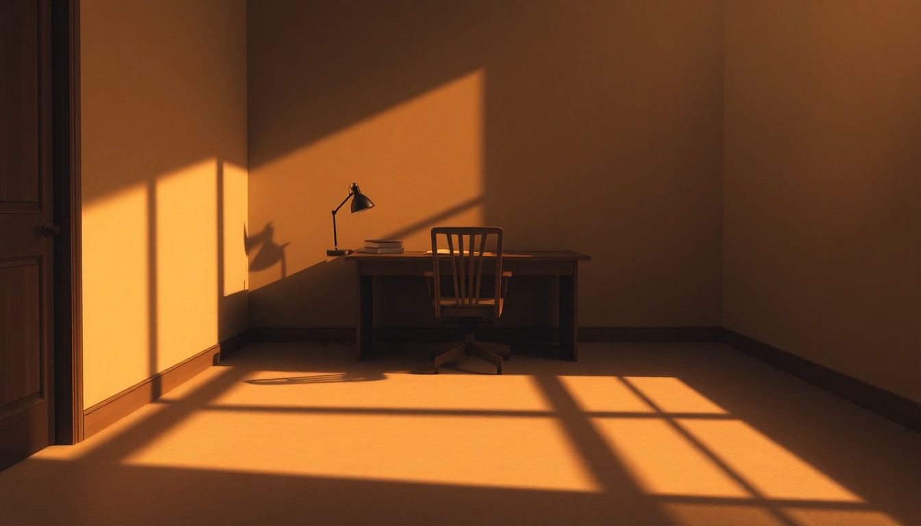 A dimly lit office space with a lone desk and chair, casting long shadows across the floor, evoking a sense of quiet contemplation and the solitary nature of political work.