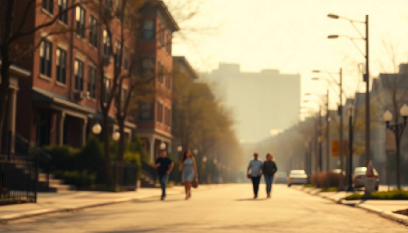 An abstract, out-of-focus photograph in warm, hazy tones depicting an urban residential street with blurred figures walking, conceptually representing the community-focused nature of the new development.