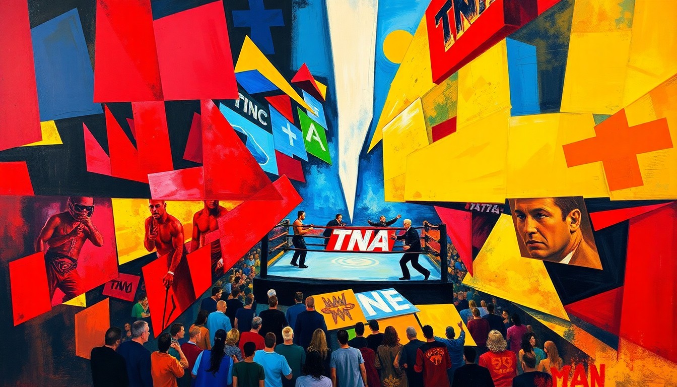 A fragmented, abstract painting depicting a TNA wrestling match, with sharp, overlapping geometric shapes in vibrant colors representing the intensity and drama of the event.