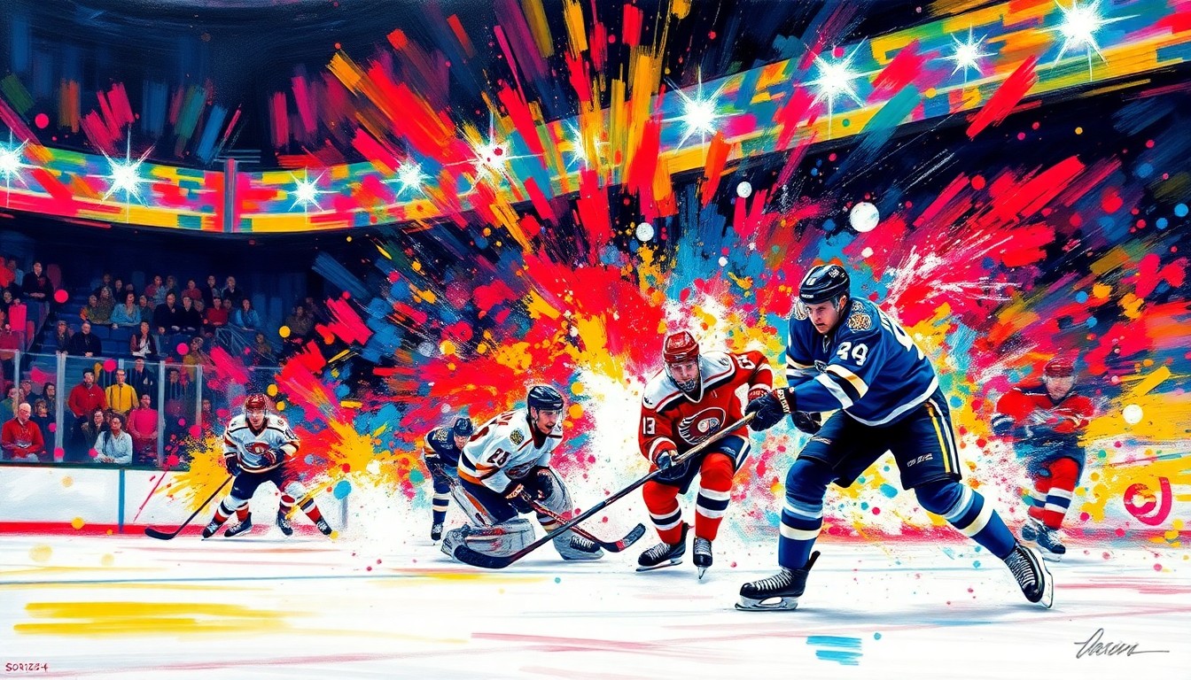 An abstract, expressionist painting featuring vibrant, energetic brushstrokes in neon shades of blue, green, and red, capturing the raw intensity and motion of a professional ice hockey game.