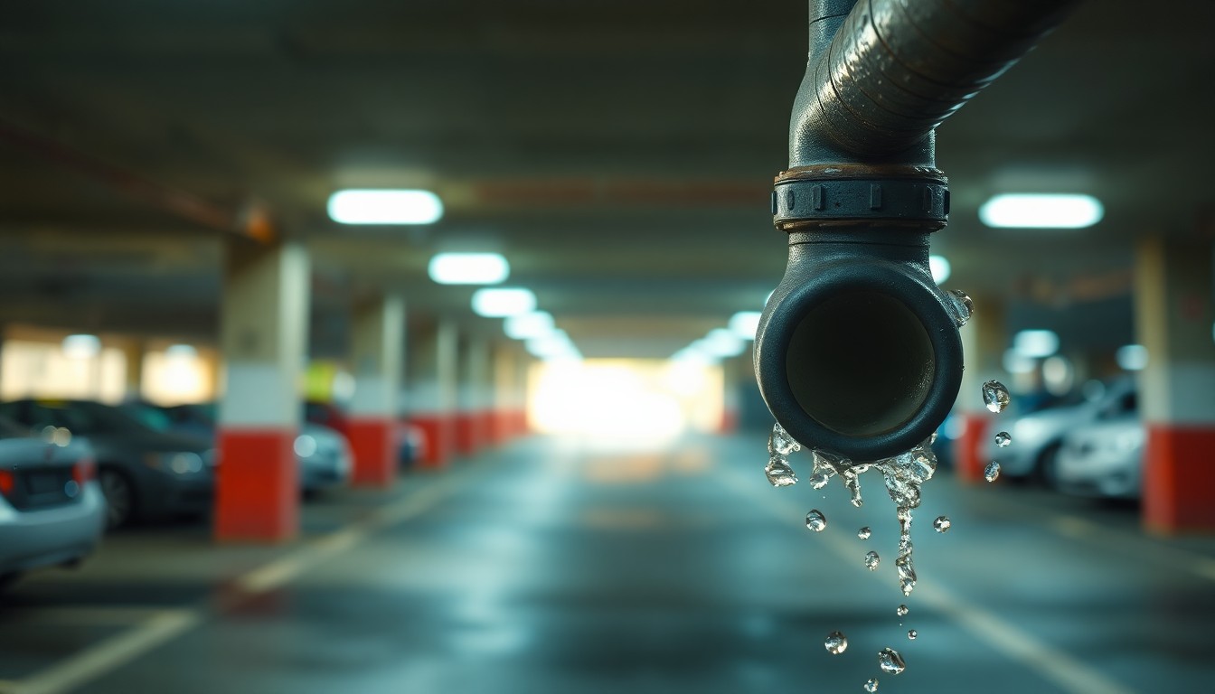 An extremely abstracted, out-of-focus photograph of a college campus parking garage, with a burst water pipe in the foreground creating a soft, hazy atmosphere of warm colors and light, conceptually illustrating the complex interplay between personal actions and institutional well-being.