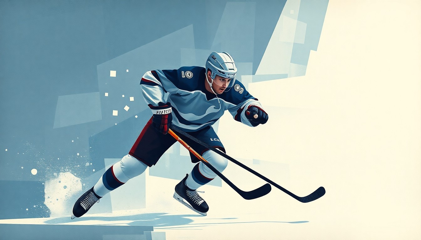 A cubist, geometric painting depicting a hockey defenseman in action, with sharp, overlapping planes of muted blues, grays, and whites, hinting at the intensity and complexity of the sport.